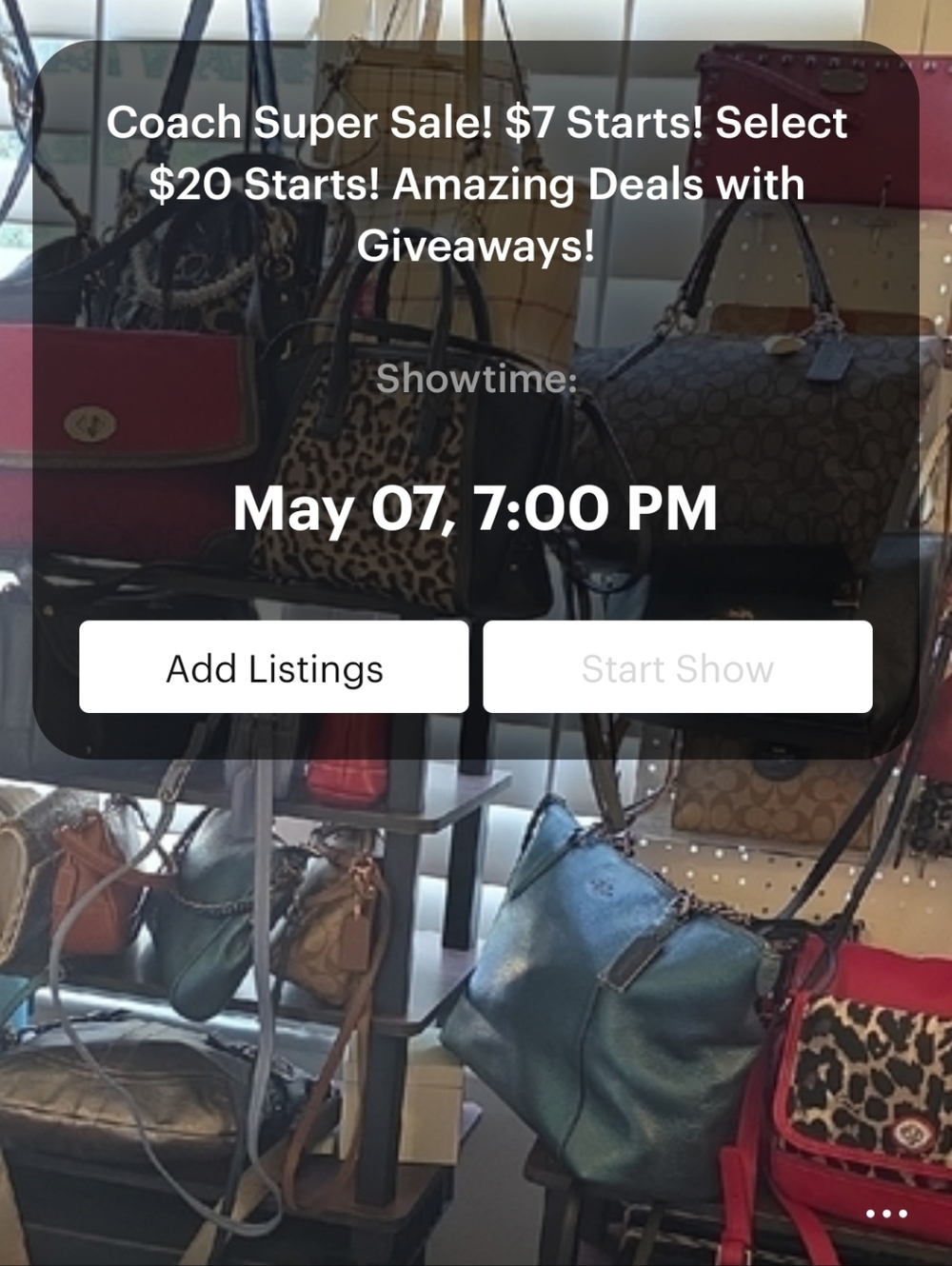 Coach Live Sale! RESCHEDULED May 9th! New Inventory! Sales exsisting Inventory.